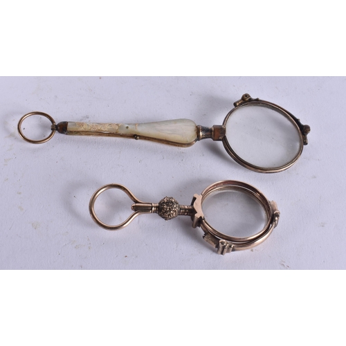 82 - A PAIR OF MOTHER OF PEARL LORGNETTES together with a pair of yellow metal lorgnettes. Largest 14 cm ... 