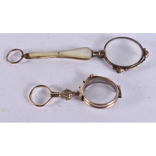 82 - A PAIR OF MOTHER OF PEARL LORGNETTES together with a pair of yellow metal lorgnettes. Largest 14 cm ... 