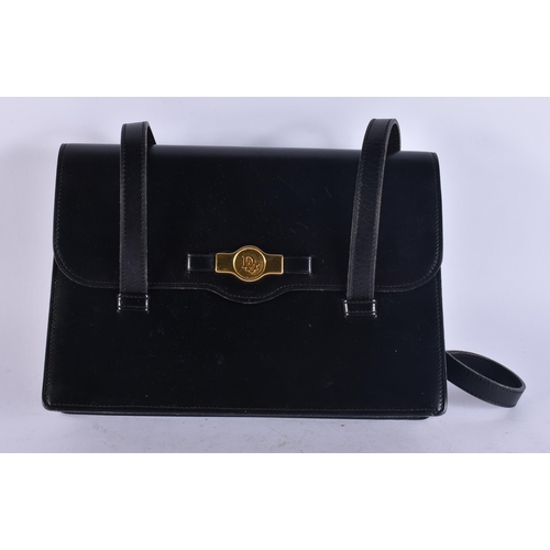 87 - Vintage Christian Dior Black Leather Handbag w/ Gold Tone Hand Bag. 28 cm wide.