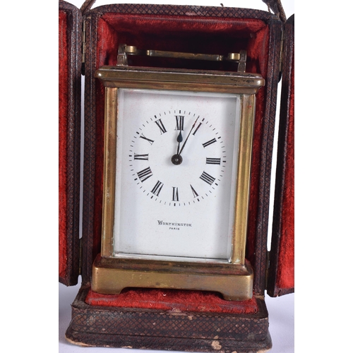 90 - TWO MANTEL CLOCKS together with a leather cased carriage clock. 1 running. (3)