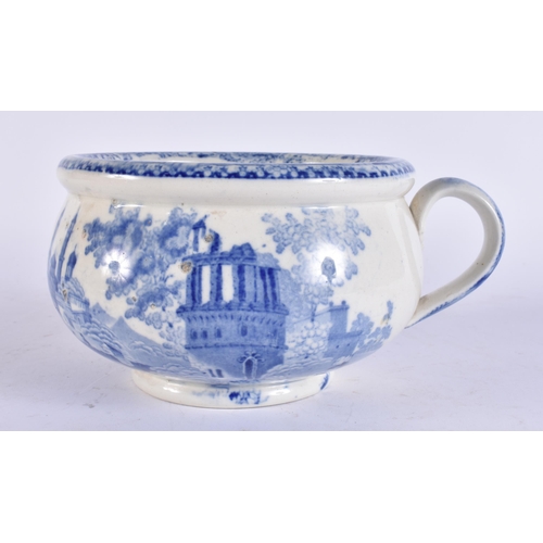 98 - AN UNUSUAL 19TH CENTURY ENGLISH BLUE AND WHITE POTTERY VOMIT POT SPITTOON. 19 cm wide.
