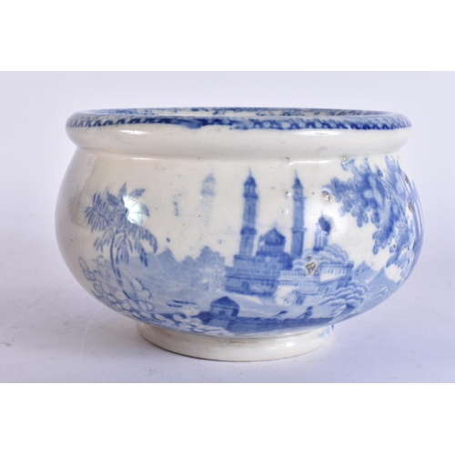 98 - AN UNUSUAL 19TH CENTURY ENGLISH BLUE AND WHITE POTTERY VOMIT POT SPITTOON. 19 cm wide.
