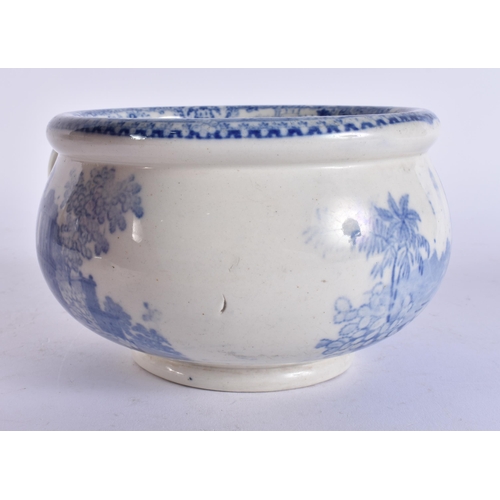 98 - AN UNUSUAL 19TH CENTURY ENGLISH BLUE AND WHITE POTTERY VOMIT POT SPITTOON. 19 cm wide.