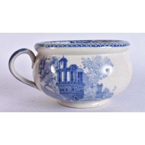 98 - AN UNUSUAL 19TH CENTURY ENGLISH BLUE AND WHITE POTTERY VOMIT POT SPITTOON. 19 cm wide.