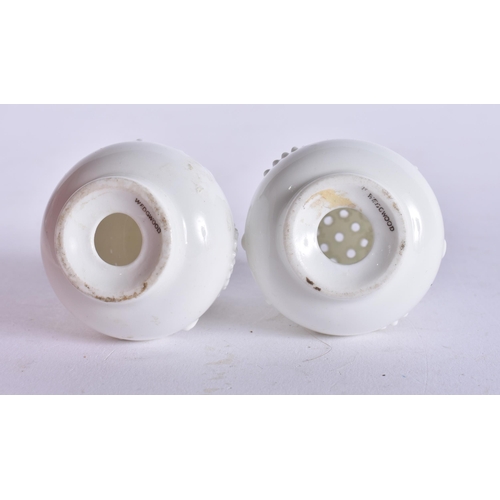 117 - A RARE PAIR OF ANTIQUE WEDGWOOD MINIATURE PORCELAIN CONDIMENTS. 5.5 cm x 4.5 cm.