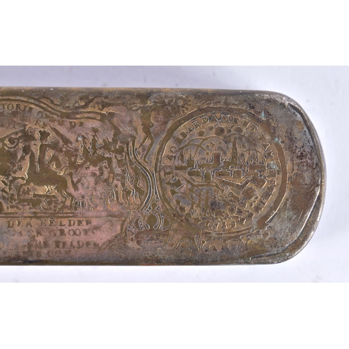 122 - AN 18TH CENTURY EUROPEAN BRASS TOBACCO BOX. 16 cm x 5 cm.