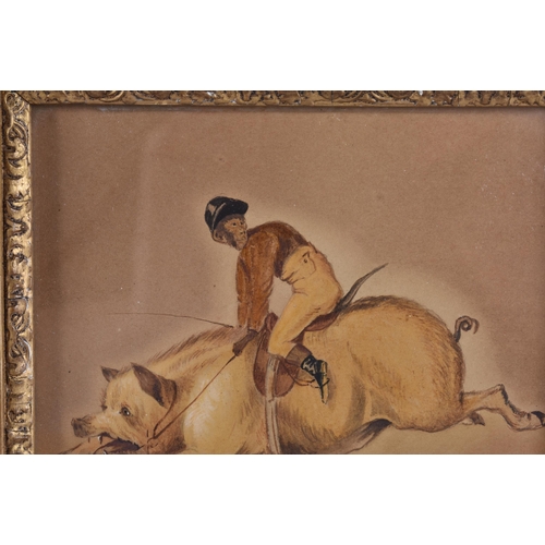 125 - European School (19th Century) Pair, Watercolours, Monkeys riding pigs. 22 cm x 20 cm, image 13 cm x... 