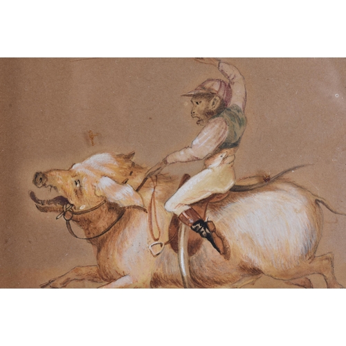 125 - European School (19th Century) Pair, Watercolours, Monkeys riding pigs. 22 cm x 20 cm, image 13 cm x... 