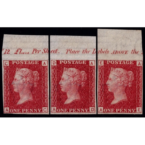GB 1864 1d red plate 110 AC-AD-AE very fine four margin top marginal IMPRIMATUR trio. A superb group. sg43 Cat. £1275