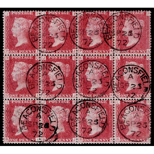 GB 1864 1d red plate 149 PI-RL superb used block of 12 with Beaconsfield 23.9.72 CDS. Very rare so fine sg43