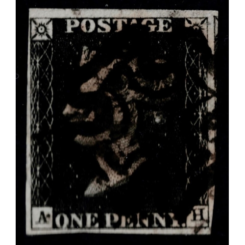 61 - GB 1840 1d black plate 8 AH STATE ONE vfu four good to large margins and black cross sg2 Cat. £475