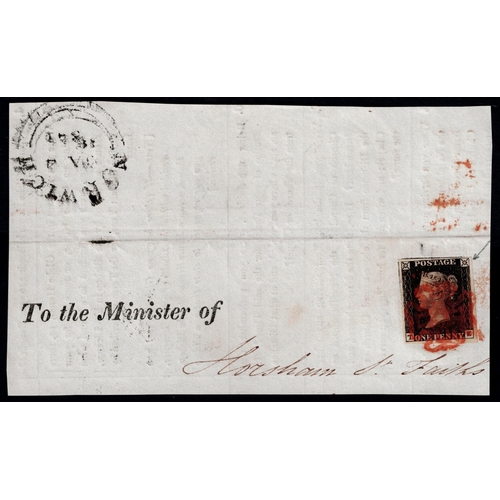 64 - GB 1840 1d black plate 8 TE STATE ONE vfu four good to large margins on Norwich piece sg2 Cat. £475