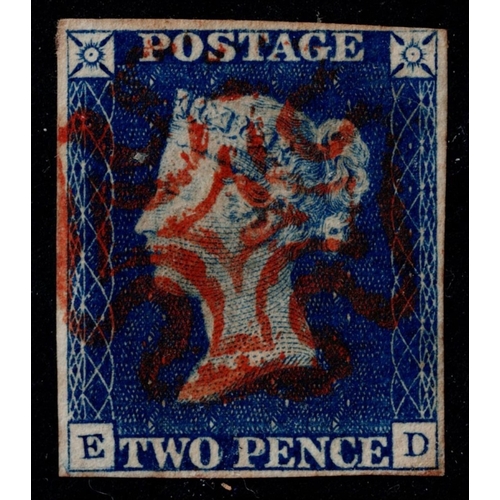 68 - GB 1840 2d blue plate 1 ED Re-ENTRY showing marks in PENCE vfu with 4m fine red cross sg5 Spec.DS5b ... 