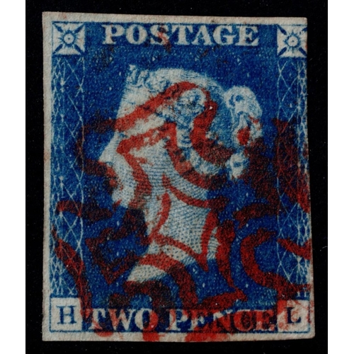 73 - GB 1840 2d blue plate 1 HL near 4m superb red cross fine used sg5 Cat. £1250