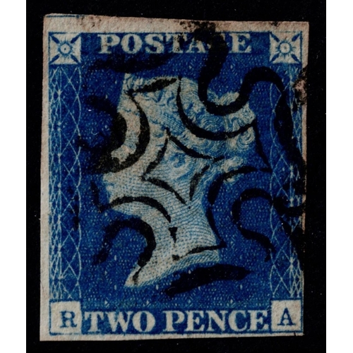 82 - GB 1840 2d pale blue plate 2 RA 4m large in places with fine black maltese cross vfu sg6 Cat. £1250
