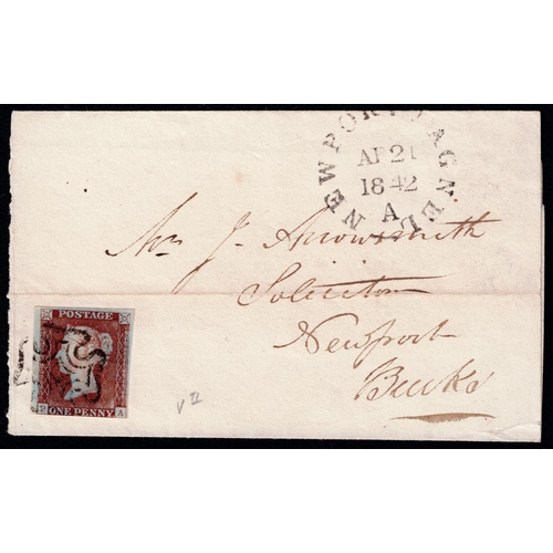 93 - GB 1841 1d red black plate 5 PA STATE THREE vfu worn plate Newport wrapper (no sideflaps) sg7 Spec.A... 
