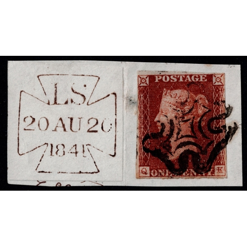 98 - GB 1841 1d red black plate 11 CK 4m tied piece with 20.8.41 London datestamp attached sg7 Cat. £130