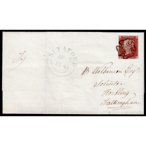 118 - GB 1841 1d red plate 38 PG superb used four margins crisp cross Sleaford to Horbling 7 April 1844, s... 