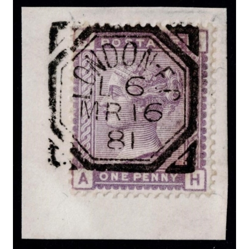 GB 1880 1d colour trial in mauve perf 14 AH with trial cancel London 16.3.81 superb on piece only a few known sg166 Cat.£4500