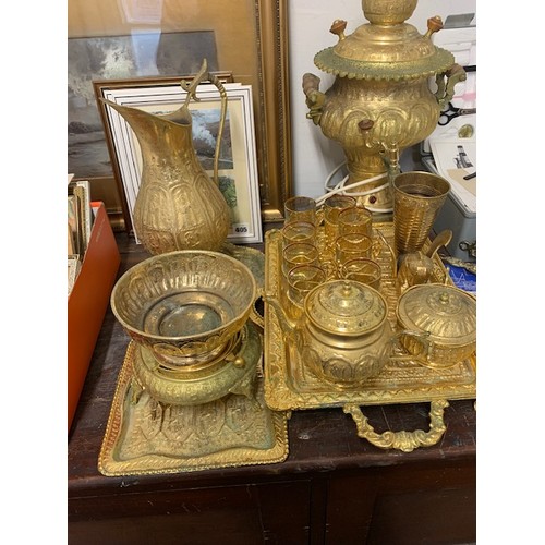 Souvenir Middle Eastern brass ware including samovar, 2 trays, vase, 8 ...