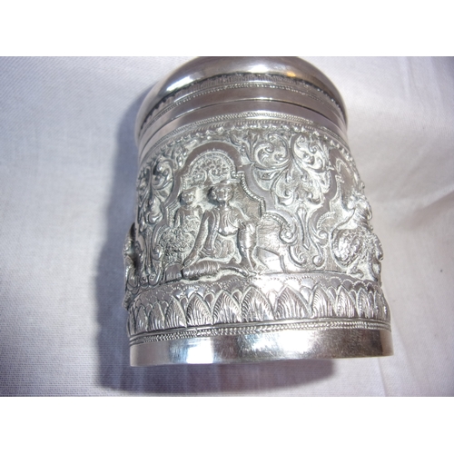 81 - Burmese solid silver lidded pot 9cm by  7.5cm