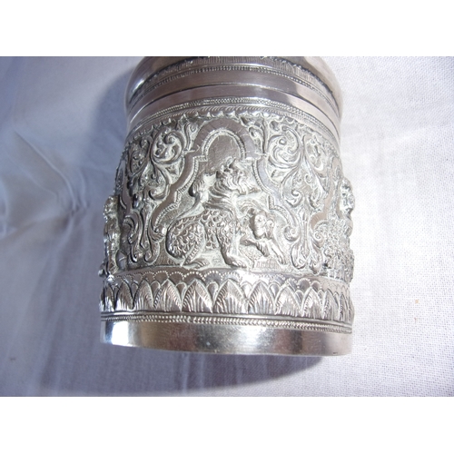 81 - Burmese solid silver lidded pot 9cm by  7.5cm