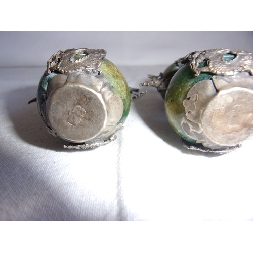 215 - Pair of Tibetan silver & stone snuff/perfume containers