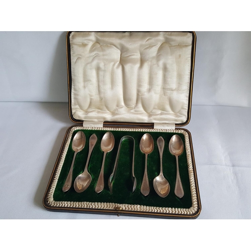 65 - HM silver set of 6 spoons & sugar tongs c1904