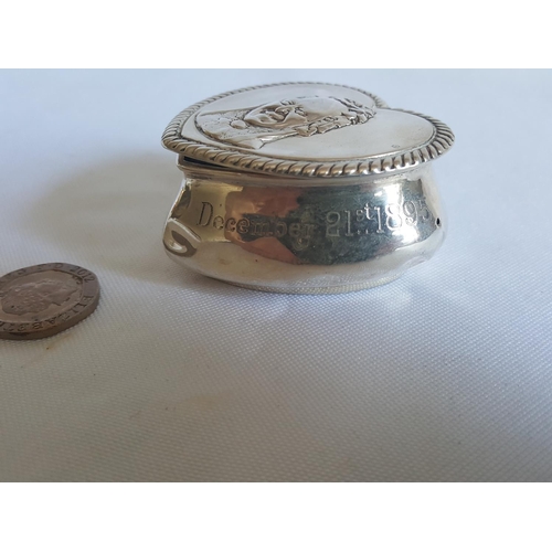 106 - Rare HM silver Charley's Aunt pill pot Walker & Hall c1895 small dents