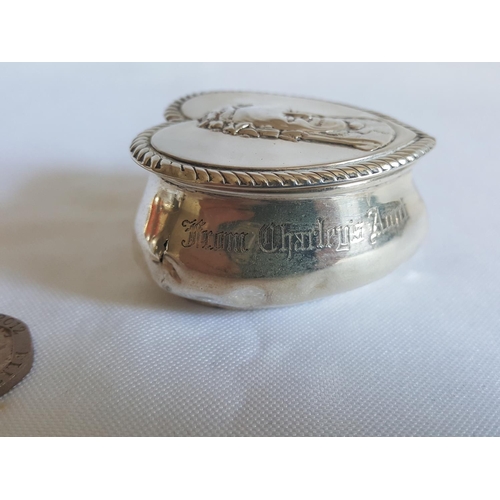 106 - Rare HM silver Charley's Aunt pill pot Walker & Hall c1895 small dents