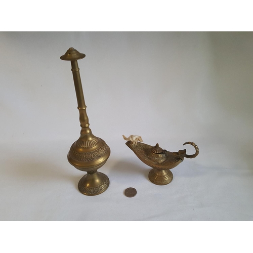 103 - vintage brass rose water sprinkler & oil lamp