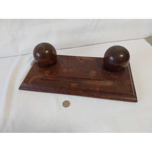 271 - antique wooden double inkwell pen tray