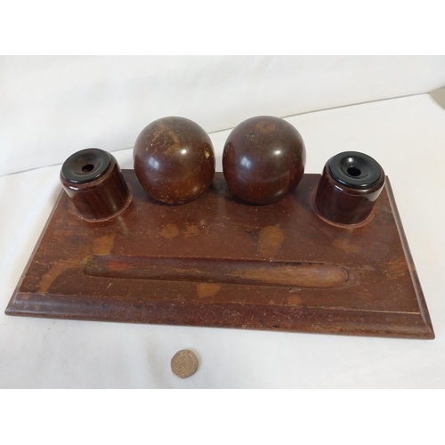 103 - antique wooden double inkwell pen tray