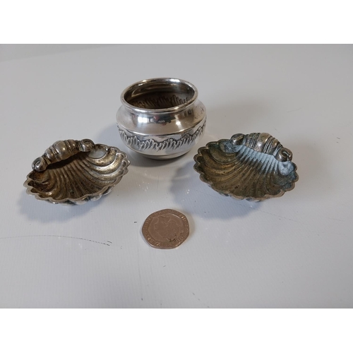 395 - 2 white metal shell salts & a silver plated pot