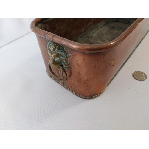 396 - vintage copper planter with lion head handles