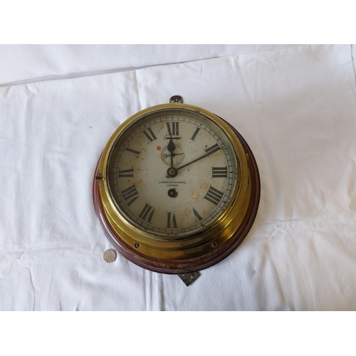 96 - antique Lawrence & Mayo Royal Navy brass clock no lock or winding keys