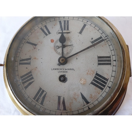 96 - antique Lawrence & Mayo Royal Navy brass clock no lock or winding keys