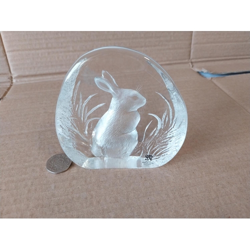 92 - Swedish art glass Mats Jonasson Crystal Paperweight of rabbit