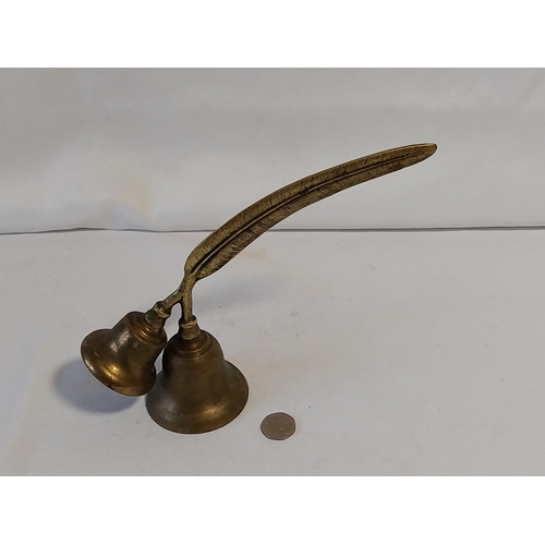 387 - antique brass double bell with feather handle