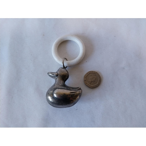 392 - white metal duck baby rattle