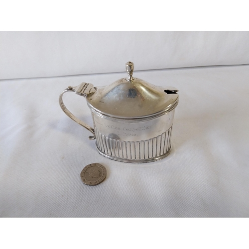 49 - HM Silver mustard pot with blue liner with Ladies golf inscription c1904 99grams