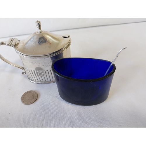 49 - HM Silver mustard pot with blue liner with Ladies golf inscription c1904 99grams