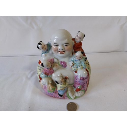 187 - Vintage Porcelain Laughing Buddha Figurine with 5 Children Climbing on Him