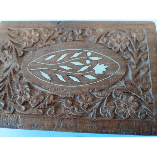 191 - vintage Indian hand carved wooden box with mother of pearl inlay