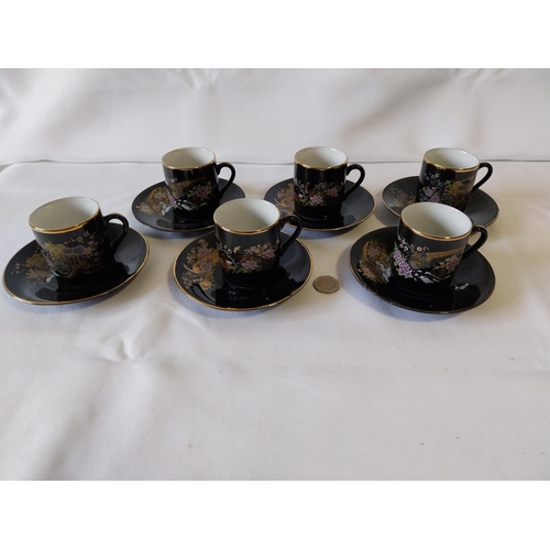 203 - Japanese Black Gold Porcelain Cup Saucer Set 12 Piece