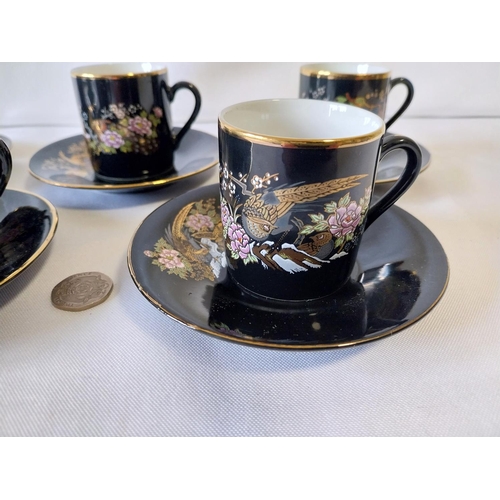 203 - Japanese Black Gold Porcelain Cup Saucer Set 12 Piece