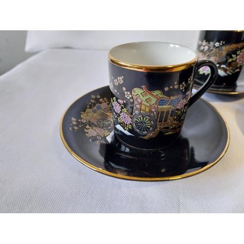 203 - Japanese Black Gold Porcelain Cup Saucer Set 12 Piece