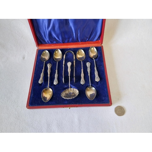 215 - HM silver tea set 6 spoons sugar tongs & strainer by William Devenport c1898