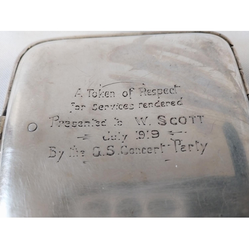 331 - HM Silver cigarette case WW1 presented by G.S. Concert Party c1919 108grams