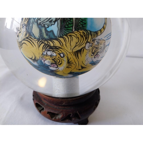 121 - vintage Chinese reverse painted glass globe with stand